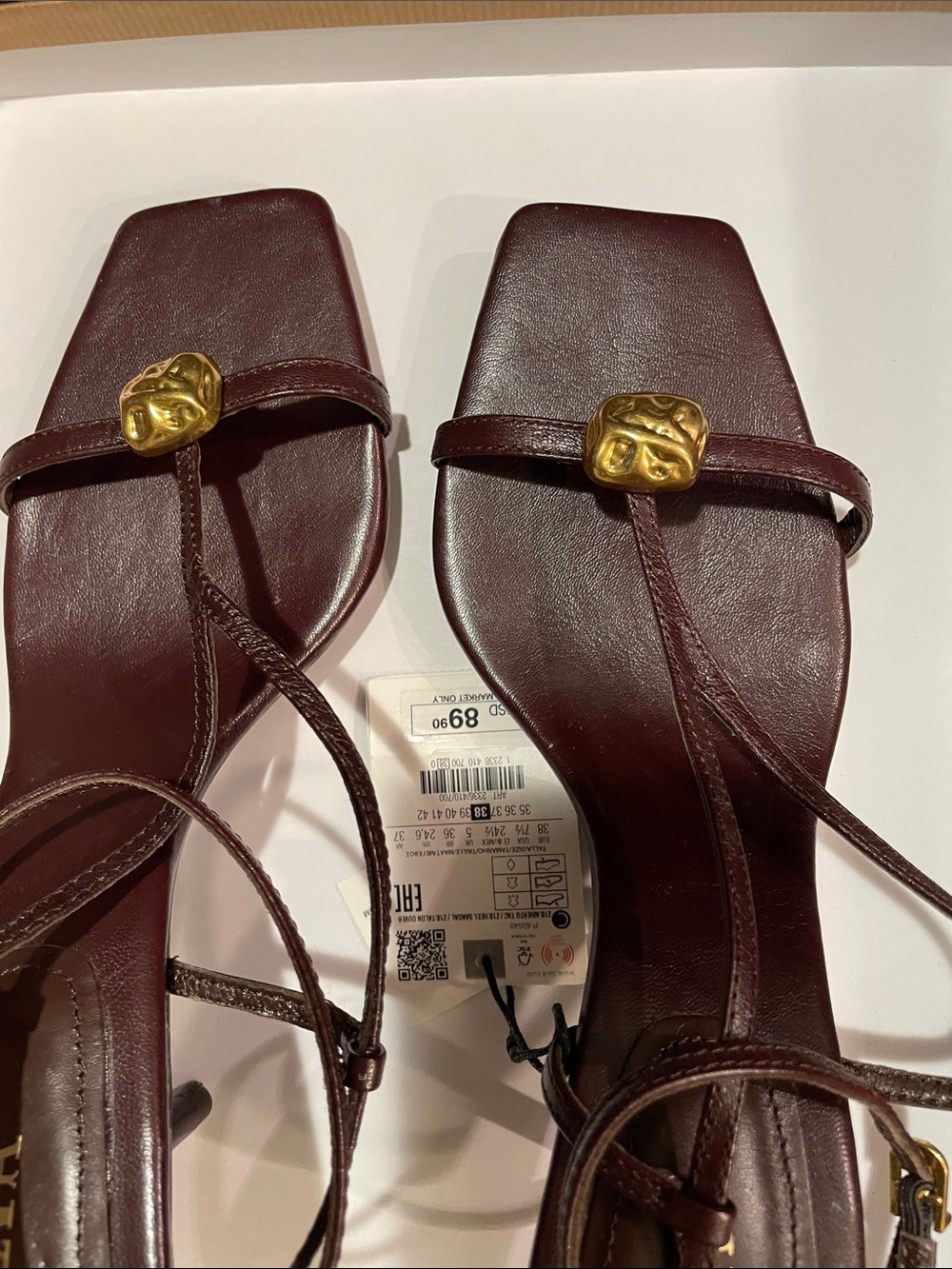 Zara Dark Brown Strappy Square-Toe Heeled Sandals with Gold Accents - Picture 8 of 8
